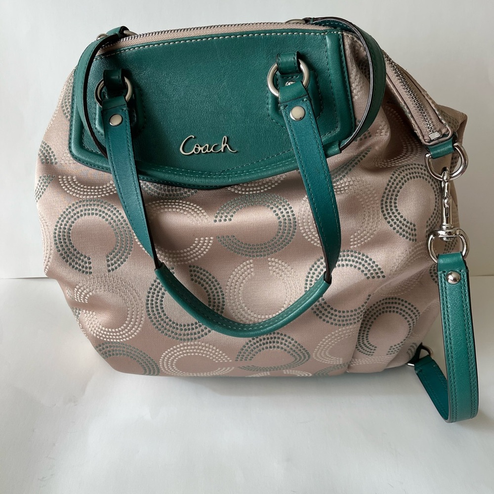 Coach Green and Cream Shoulder Bag with Structured Design